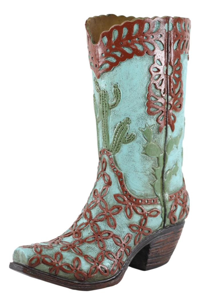 Rustic Southwestern Desert Cactus And Floral Scroll Cowboy Boot Figurine Or Vase