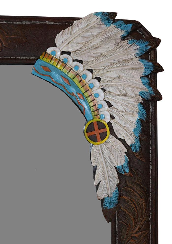 Rustic Southwestern Indian Chief Headdress Faux Tooled Leather Wall Mirror Decor