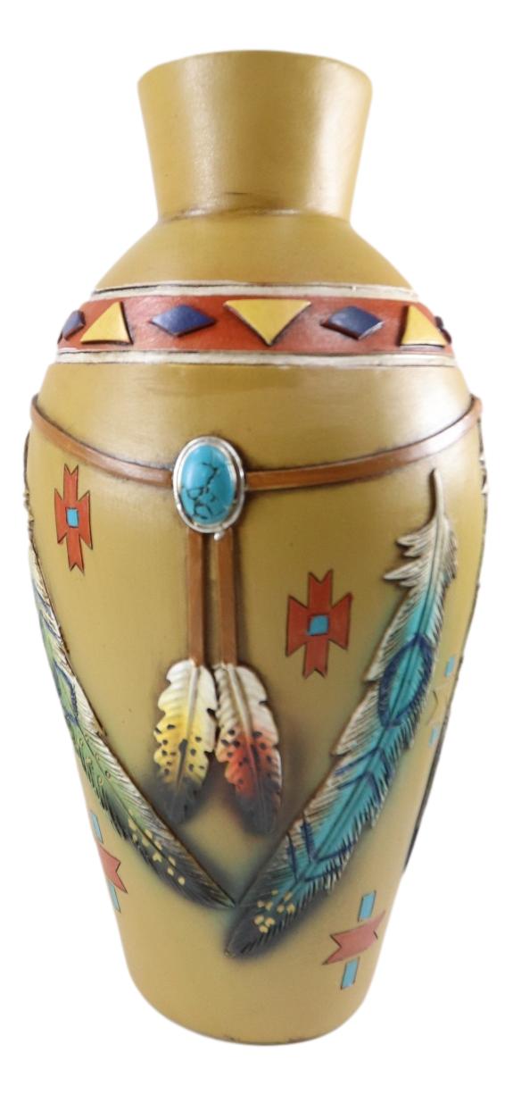 Rustic Southwestern Native American Dreamcatcher Feathers Floral Vase Sculpture
