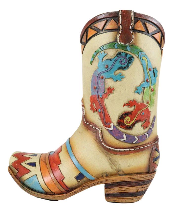 Rustic Southwestern Tribal Aztec 2 Gecko Lizards Cowgirl Cowboy Boot Floral Vase