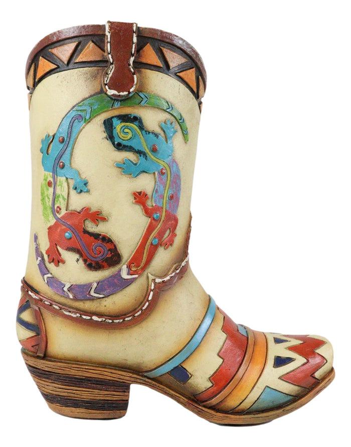 Rustic Southwestern Tribal Aztec 2 Gecko Lizards Cowgirl Cowboy Boot Floral Vase