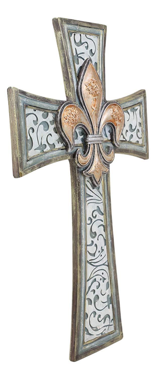 Rustic Southwestern Tuscan Fleur De Lis Emblem With Scroll Art Wall Cross Decor