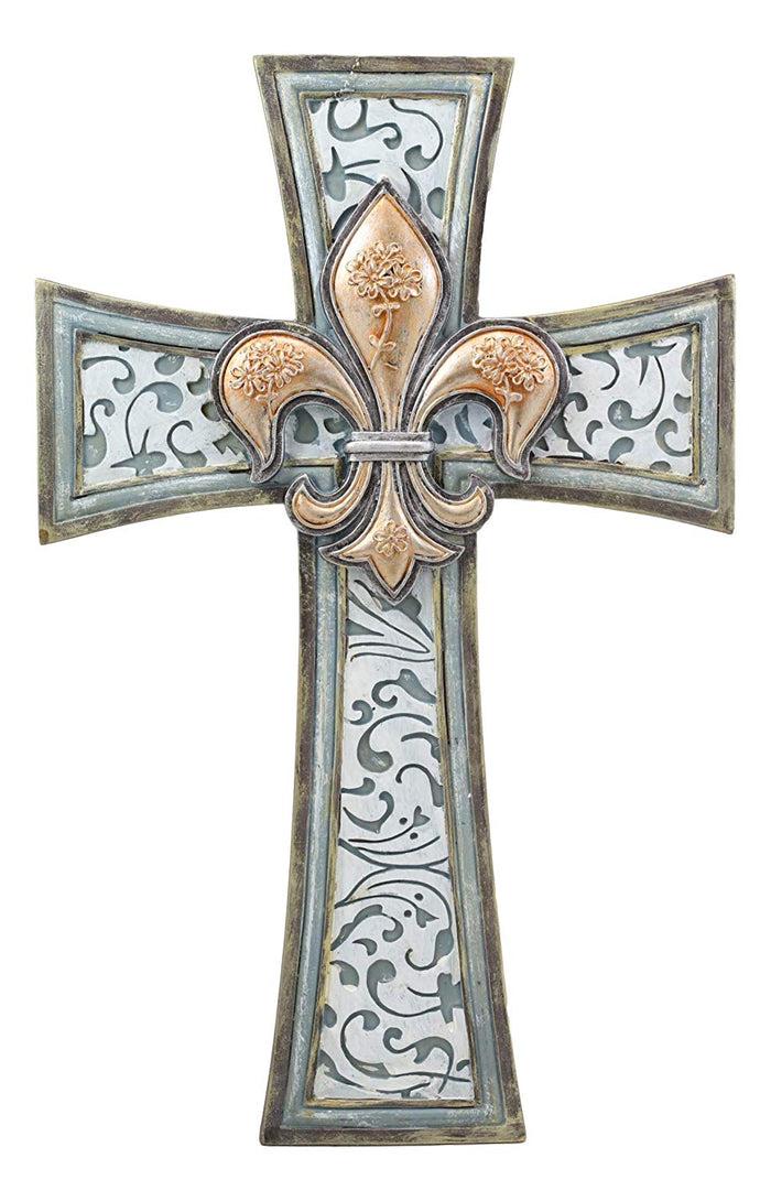 Rustic Southwestern Tuscan Fleur De Lis Emblem With Scroll Art Wall Cross Decor