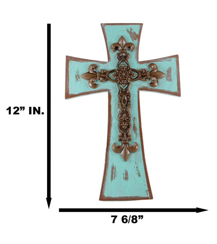 Rustic Southwestern Tuscany French Fleur De Lis Antiqued Turquoise Wall Cross