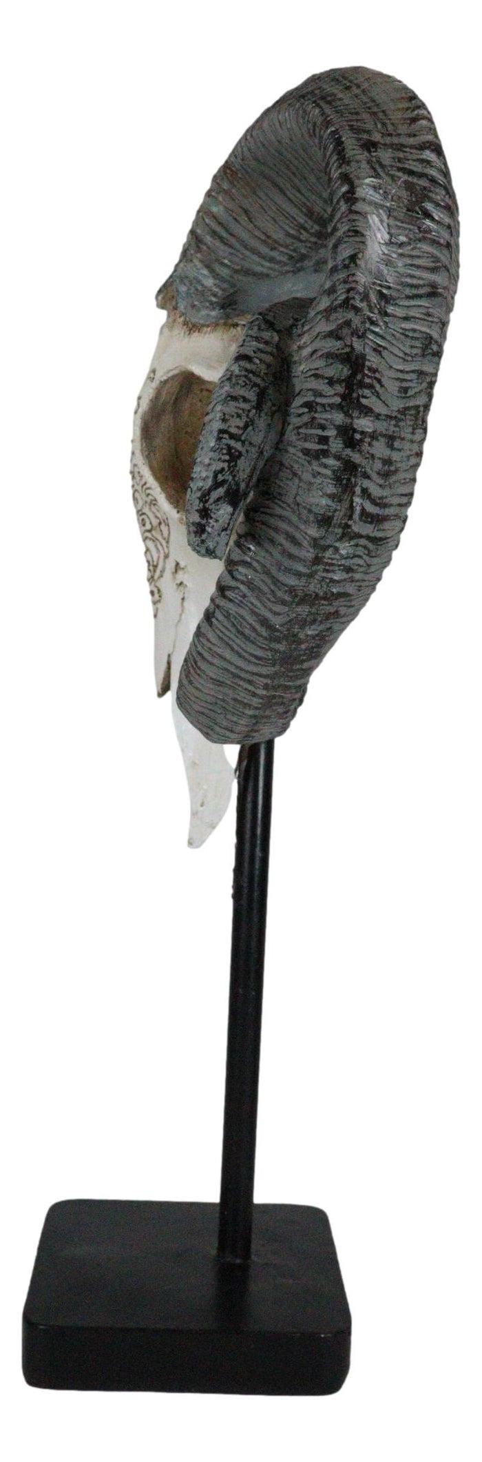 Rustic Tooled Floral Lace Dorset Horn Sheep Ram Skull Sculpture On Pole Display