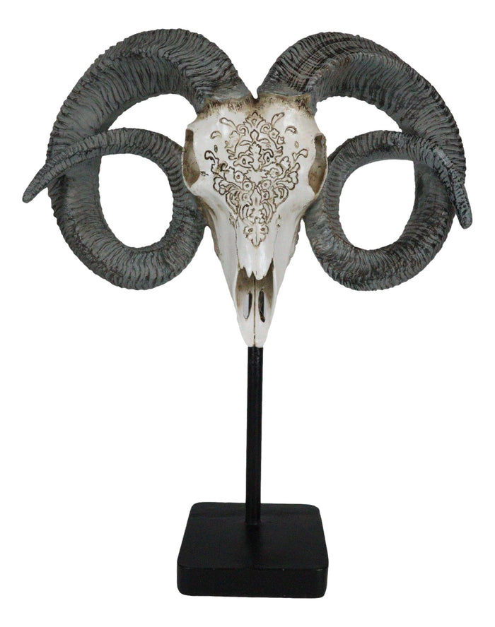 Rustic Tooled Floral Lace Dorset Horn Sheep Ram Skull Sculpture On Pole Display
