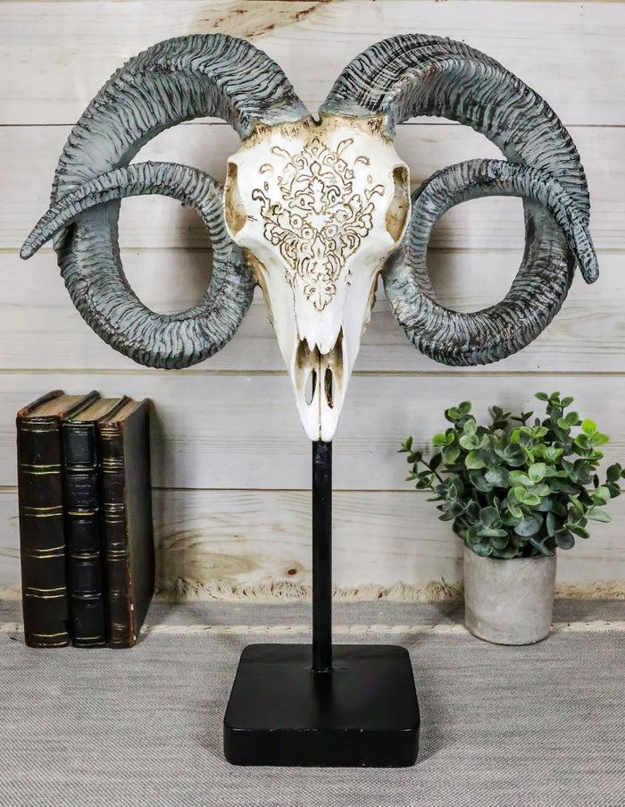 Rustic Tooled Floral Lace Dorset Horn Sheep Ram Skull Sculpture On Pole Display