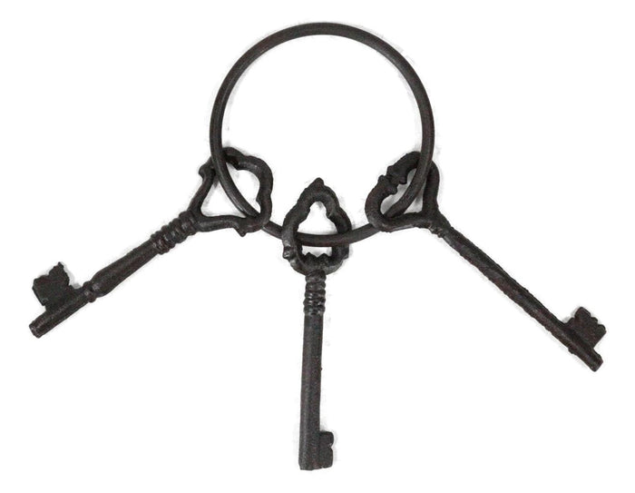 Rustic Vintage Antique Design Cast Iron Jailor 3 Keys On Ring Old World Decor