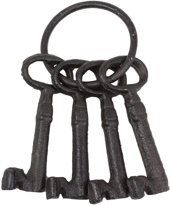Rustic Vintage Antique Style Cast Iron Jailer Keys Set Of 4 In Ring Costume Prop
