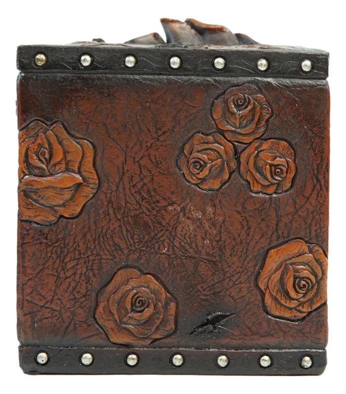 Rustic Vintage Blooming Floral Red Roses Faux Tooled Leather Tissue Box Cover