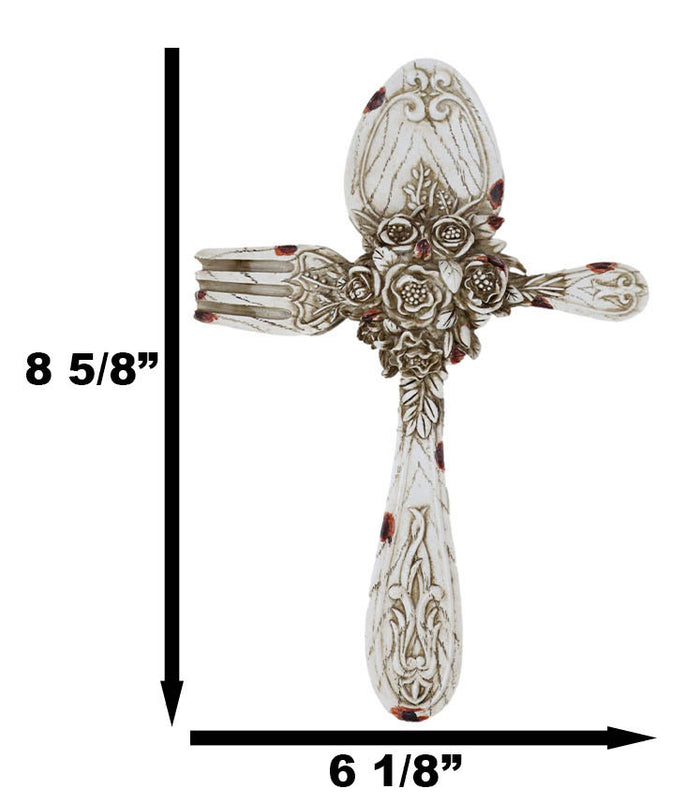 Rustic Vintage Faux Distressed Wood Spoon And Fork Tooled Flowers Wall Cross