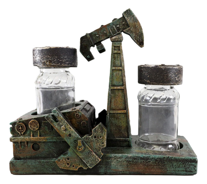 Rustic Vintage Oil Derrick Rig Pump Glass Salt And Pepper Shakers Holder Decor