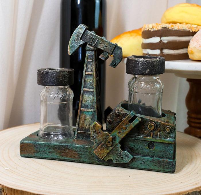 Rustic Vintage Oil Derrick Rig Pump Glass Salt And Pepper Shakers Holder Decor