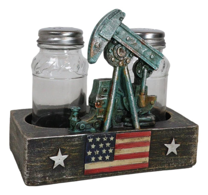 Rustic Vintage Oil Derrick Rig Pump Glass Salt And Pepper Shakers Holder Decor