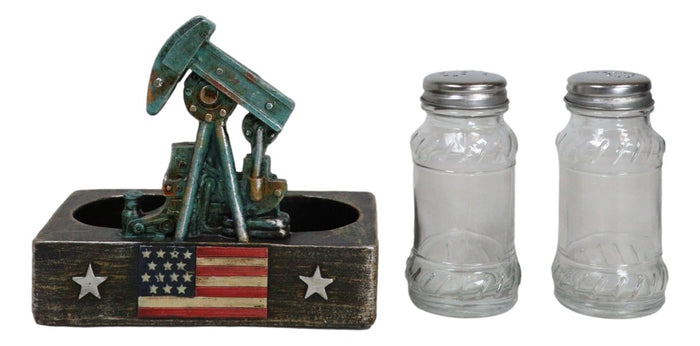Rustic Vintage Oil Derrick Rig Pump Glass Salt And Pepper Shakers Holder Decor