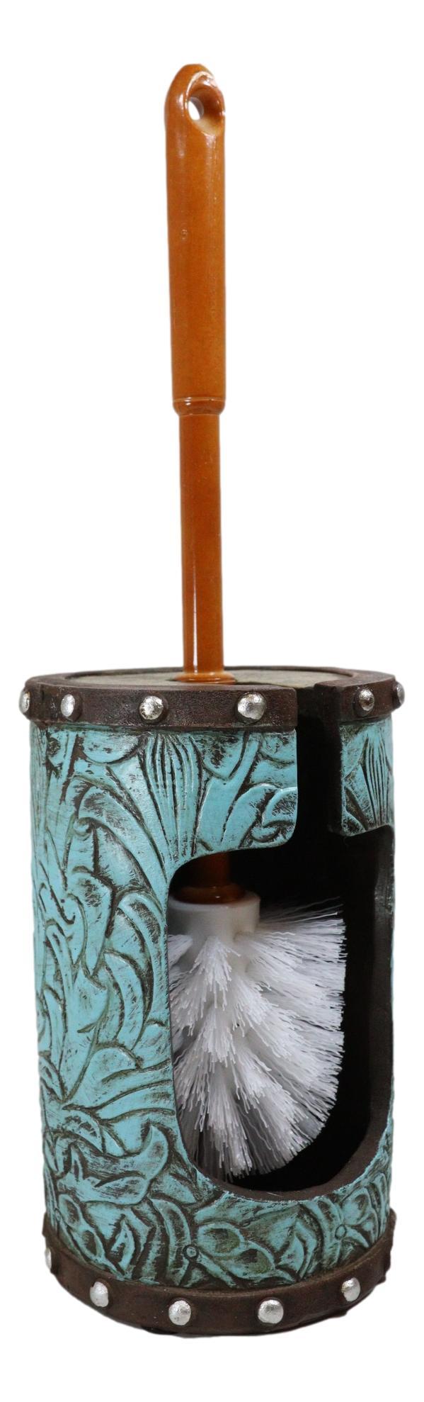 Rustic Vintage Western Turquoise Faux Leather Floral Toilet Brush And Holder Set