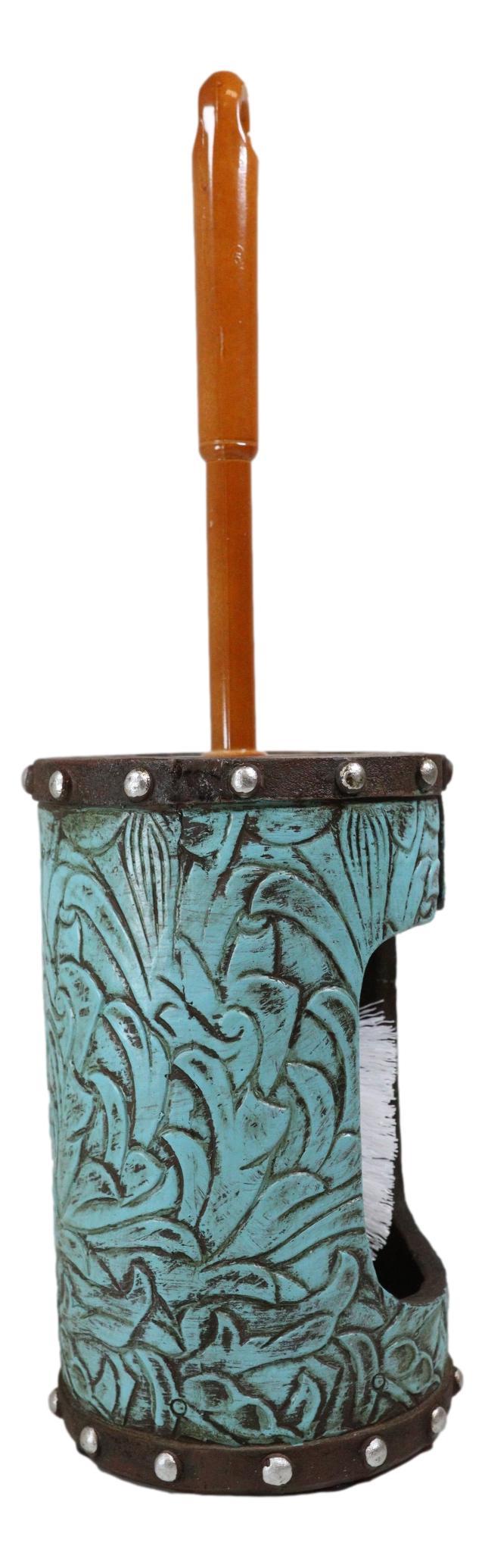 Rustic Vintage Western Turquoise Faux Leather Floral Toilet Brush And Holder Set