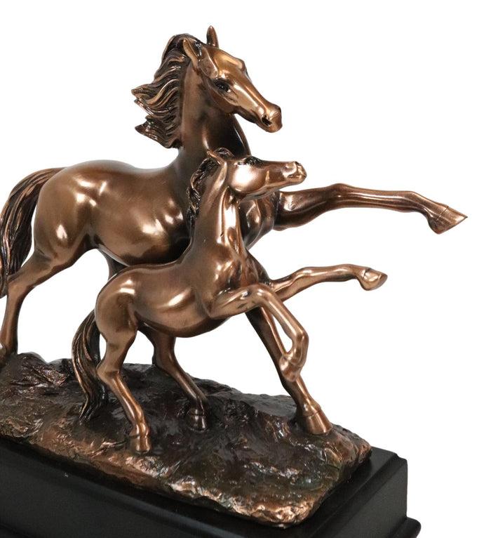 Rustic Western 2 Running Mother And Foal Equine Horses In Bronzed Resin Statue