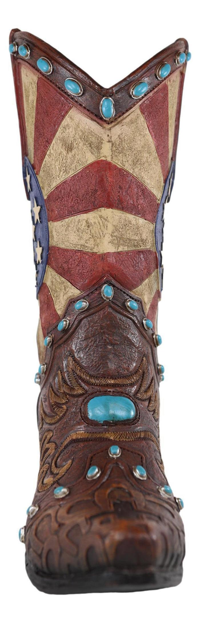 Rustic Western American Flag Turquoise Gems Tooled Scroll Cowboy Boot Vase Decor