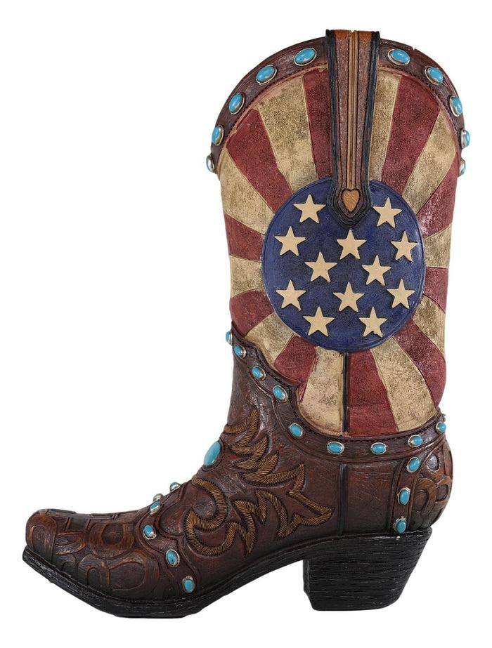 Rustic Western American Flag Turquoise Gems Tooled Scroll Cowboy Boot Vase Decor