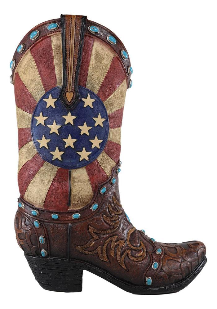 Rustic Western American Flag Turquoise Gems Tooled Scroll Cowboy Boot Vase Decor