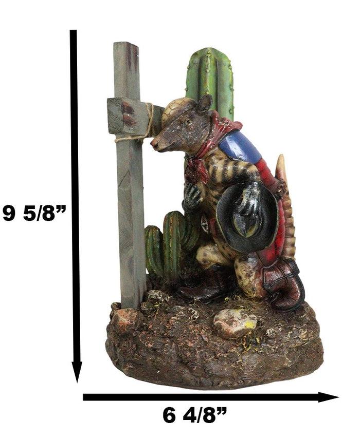 Rustic Western Armadillo Cowboy By Saguaro Cactus Praying By The Cross Figurine