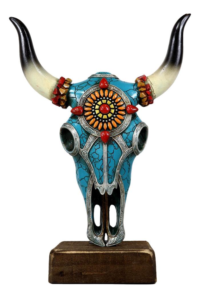 Rustic Western Aztec Mosaic Turquoise Cow Steer Bull Skull Desktop Sculpture