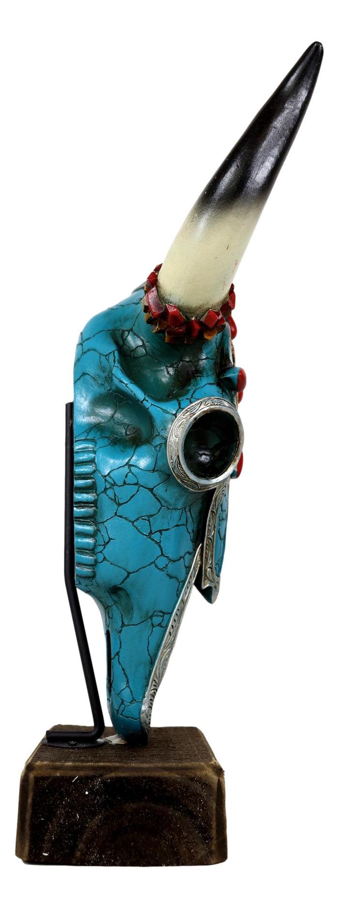 Rustic Western Aztec Mosaic Turquoise Cow Steer Bull Skull Desktop Sculpture