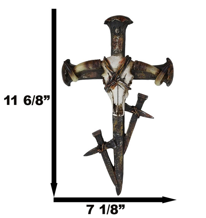 Rustic Western Barbed Wires Cow Skull With 3 Spike Nails Crosses Wall Cross