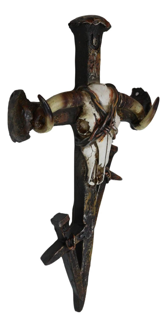 Rustic Western Barbed Wires Cow Skull With 3 Spike Nails Crosses Wall Cross