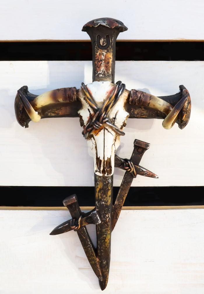 Rustic Western Barbed Wires Cow Skull With 3 Spike Nails Crosses Wall Cross Rustic Western Barbed Wires Cow Skull With 3 Spike Nails Crosses Wall Cross