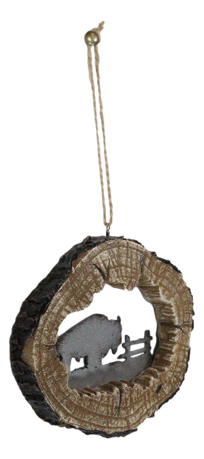 Rustic Western Bison Buffalo Faux Wood Log Set Of 4 Christmas Tree Ornaments