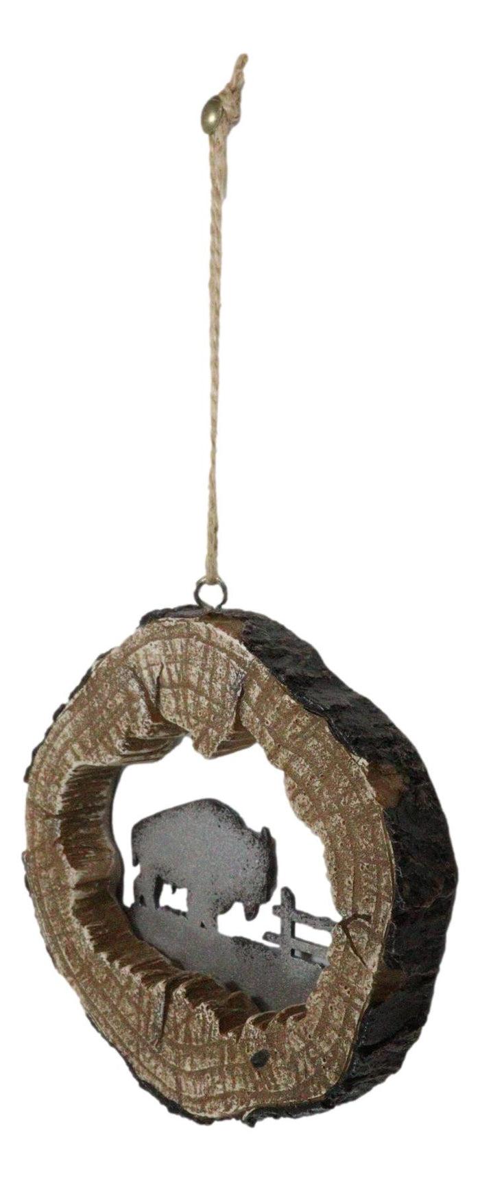 Rustic Western Bison Buffalo Faux Wood Log Set Of 4 Christmas Tree Ornaments