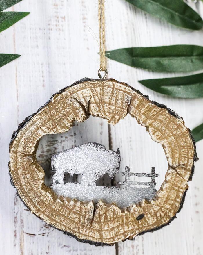 Rustic Western Bison Buffalo Faux Wood Log Set of 4 Christmas Tree Ornaments