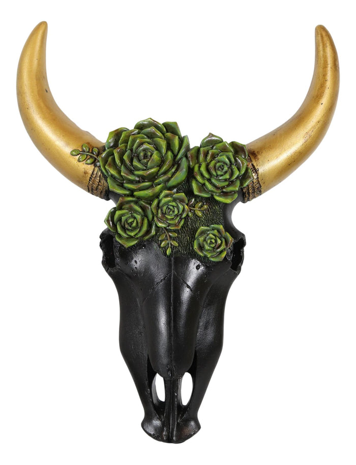 Rustic Western Bison Bull Cow Skull With Green Floral Roses Wall Decor Plaque