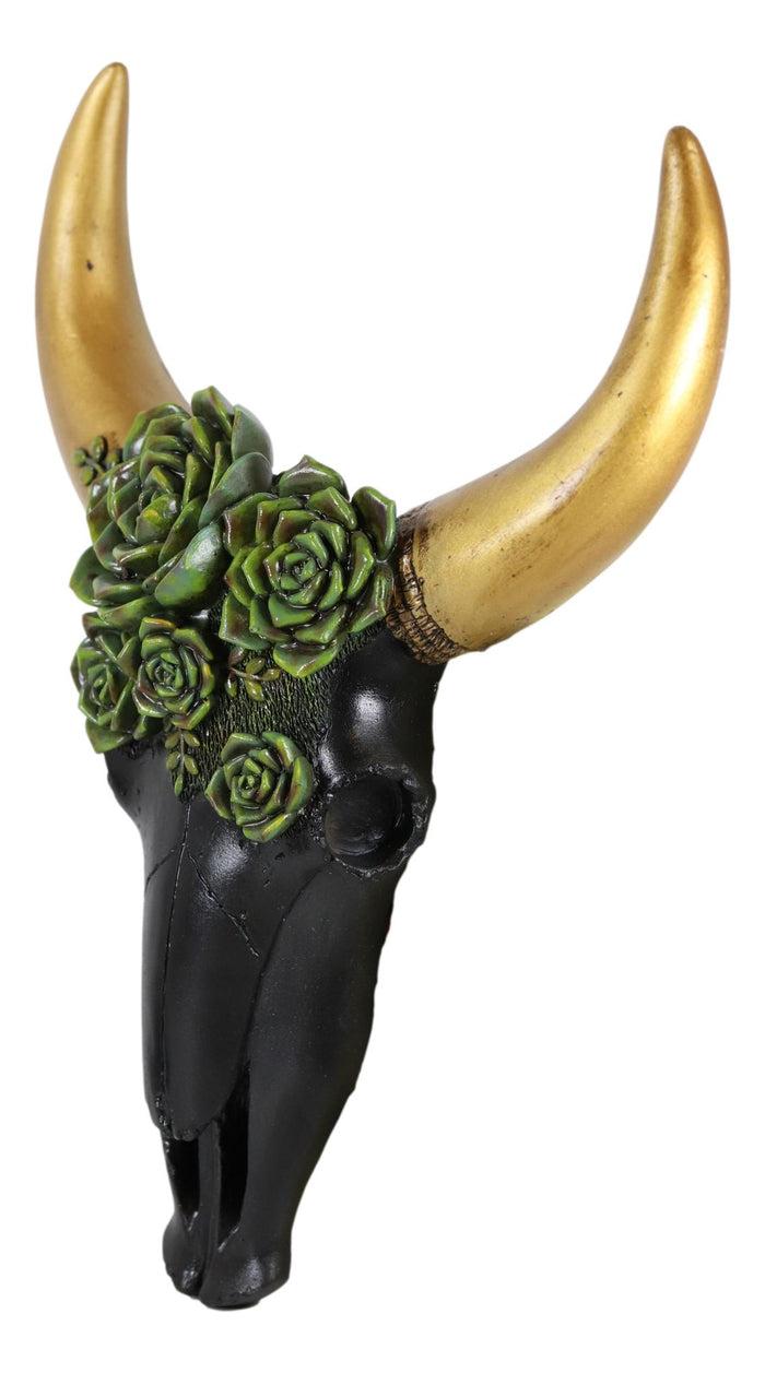 Rustic Western Bison Bull Cow Skull With Green Floral Roses Wall Decor Plaque