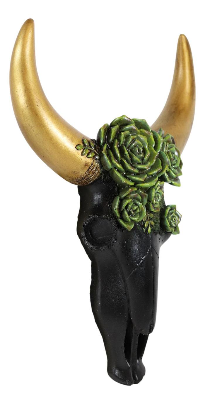 Rustic Western Bison Bull Cow Skull With Green Floral Roses Wall Decor Plaque