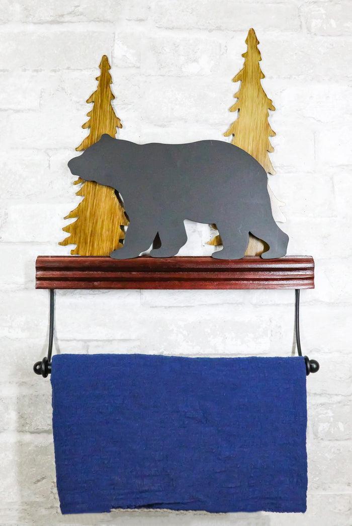 Rustic Western Black Bear By Pine Tree Forest Wooden Wall Hand Towel Holder Bar