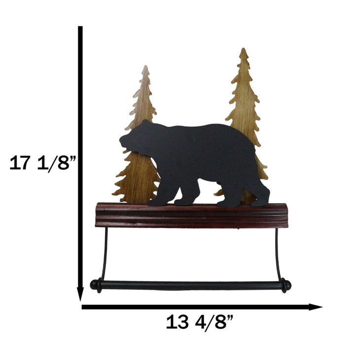 Rustic Western Black Bear By Pine Tree Forest Wooden Wall Hand Towel Holder Bar