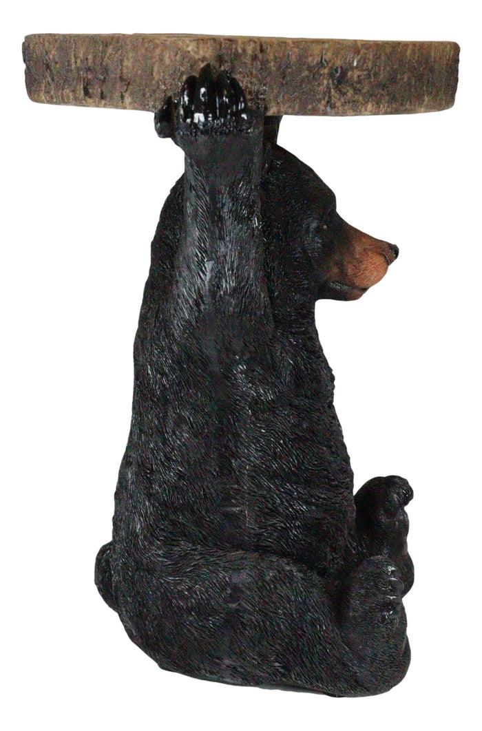Rustic Western Black Bear Cub Holding Faux Wood Slice Table Stand Figurine