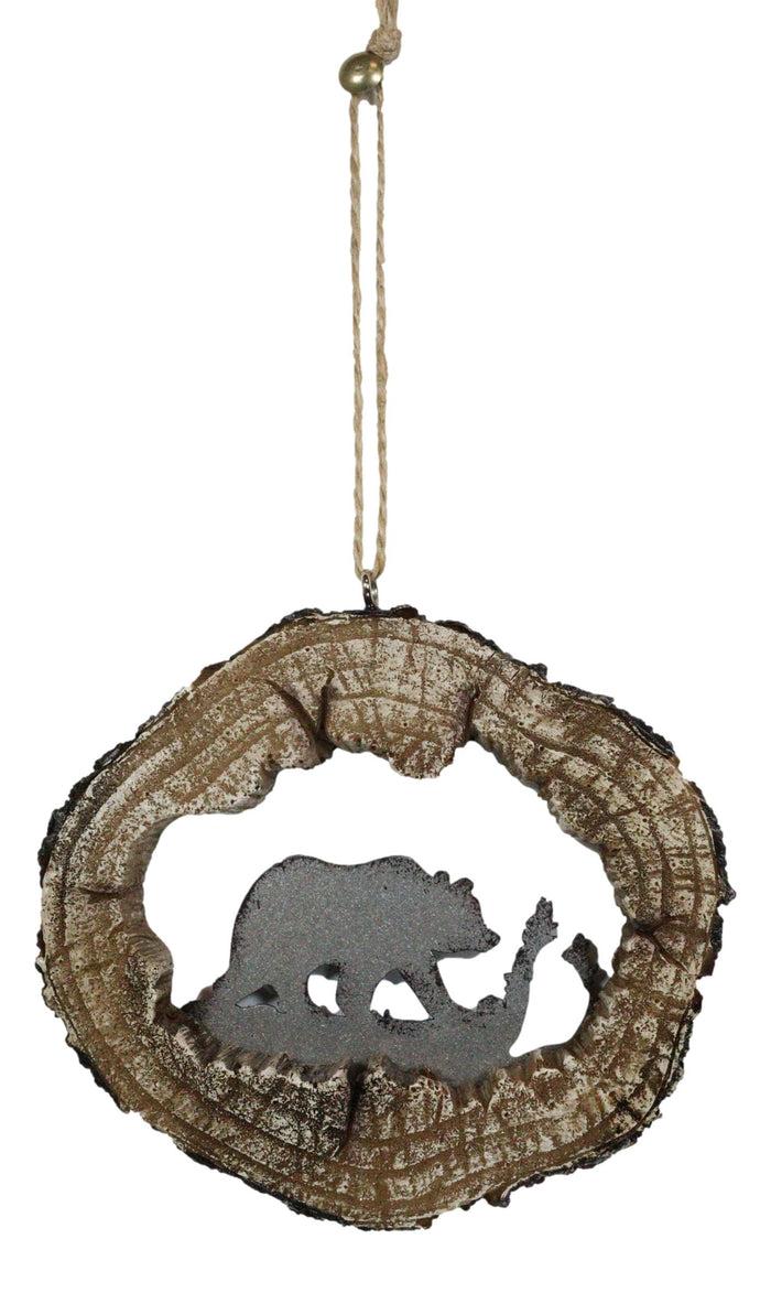 Rustic Western Black Bear Faux Wood Log Slice Set Of 4 Christmas Tree Ornaments