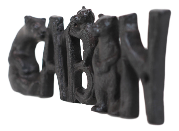 Rustic Western Black Bears And Cub With Logs CABIN Cast Iron Wall Sign Decor