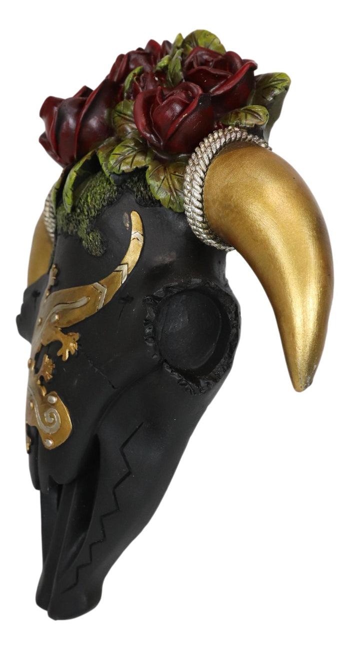 Rustic Western Black Cow Skull With Gecko Lizard And Red Roses Wall Decor Plaque