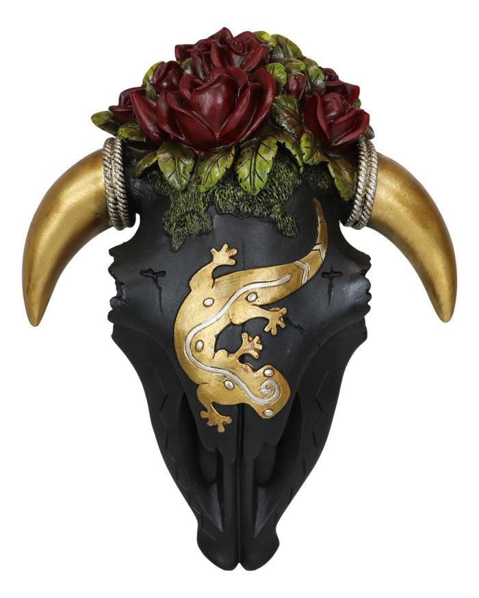 Rustic Western Black Cow Skull With Gecko Lizard And Red Roses Wall Decor Plaque