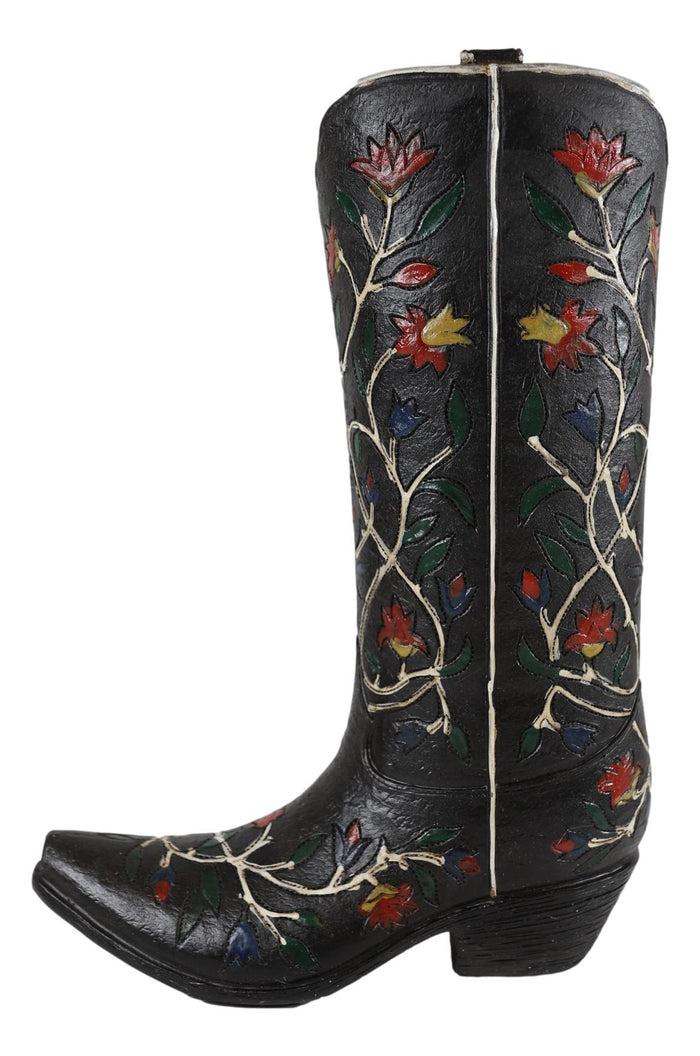 Rustic Western Black Tooled Leather Cowboy Boot With Rose Vines Vase Figurine