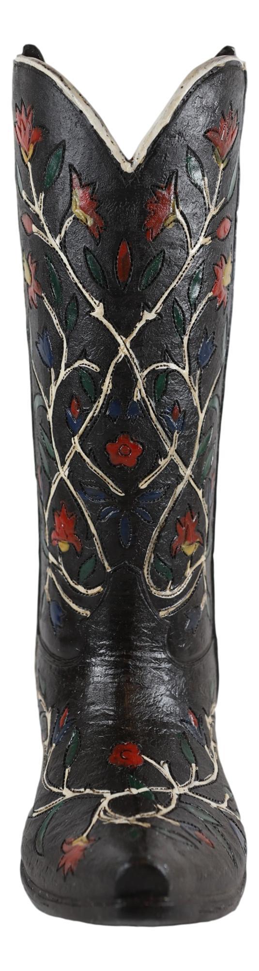 Rustic Western Black Tooled Leather Cowboy Boot With Rose Vines Vase Figurine
