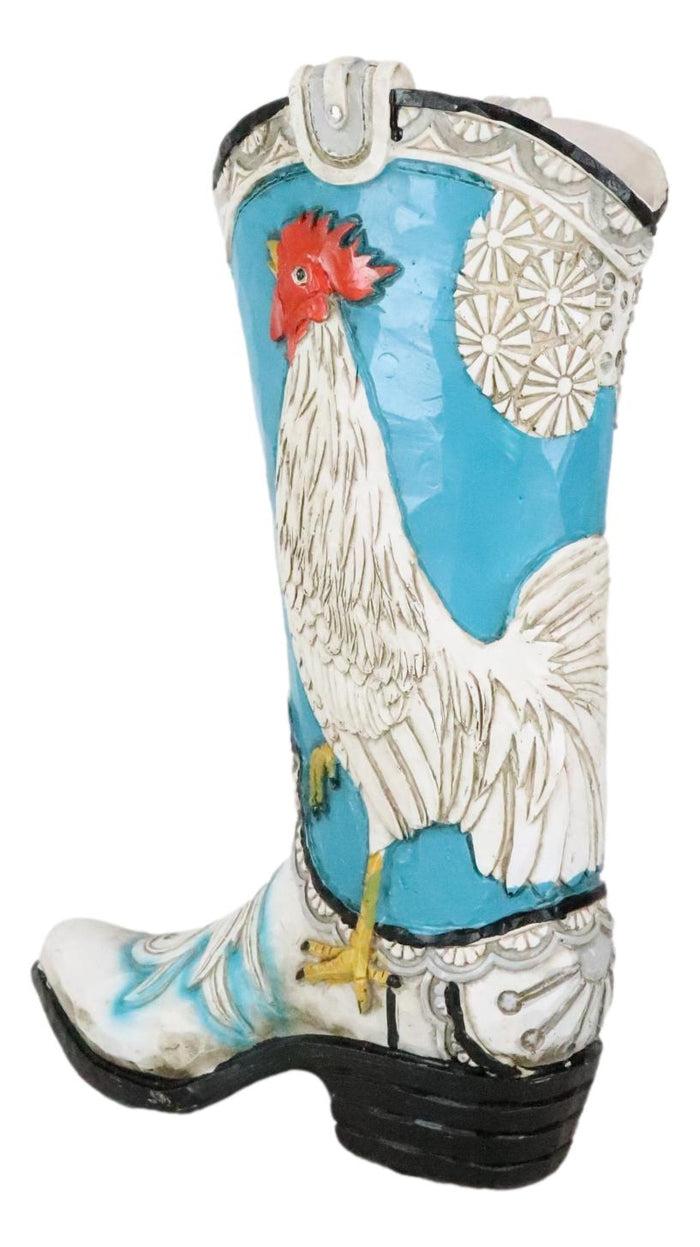 Rustic Western Blue Turquoise White Breasted Rooster Cowboy Boot Vase Figurine