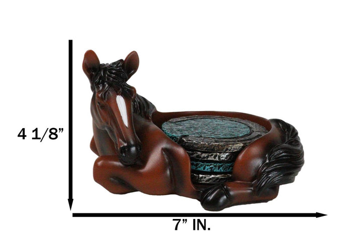 Rustic Western Brown Chestnut Horse Coaster Holder With Horseshoe Coasters Set