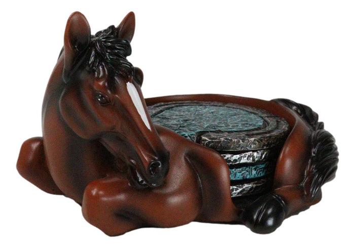 Rustic Western Brown Chestnut Horse Coaster Holder With Horseshoe Coasters Set