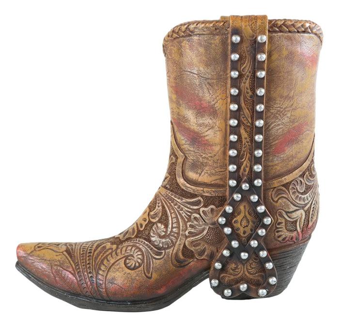 Rustic Western Brown Nailheads Floral Paisley Scroll Cowboy Boot Vase Figurine